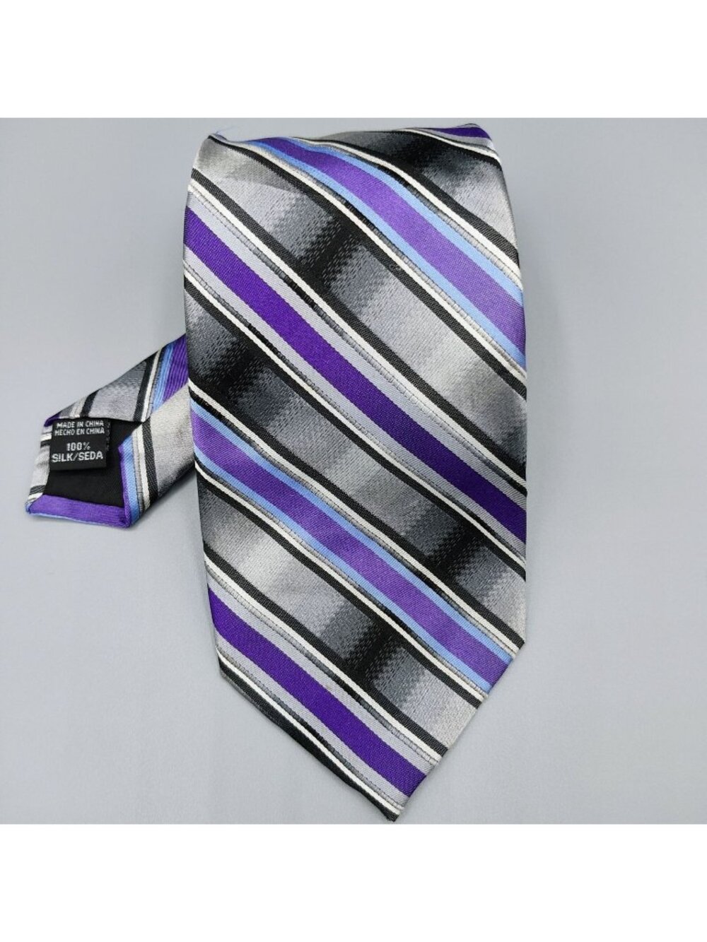 George 100% Silk Purple, Black, and Gray Striped Necktie *Stain*